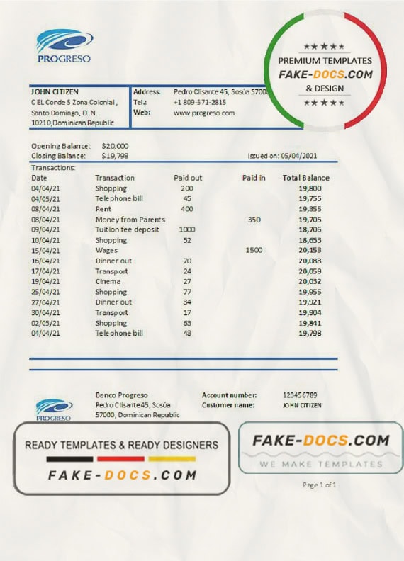 Dominican Republic Banco Progreso bank statement easy to fill template in Excel and PDF format (AutoSum) Dominican Republic Banco Progreso bank statement easy to fill template in Excel and PDF format (AutoSum)
