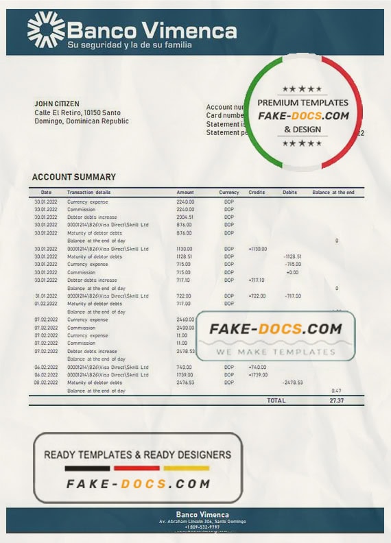 Dominican Republic Banco Vimenca proof of address bank statement template in Word and PDF format Dominican Republic Banco Vimenca proof of address bank statement template in Word and PDF format