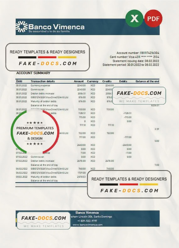 Dominican Republic Banco Vimenca bank statement Excel and PDF template Dominican Republic Banco Vimenca bank statement Excel and PDF template