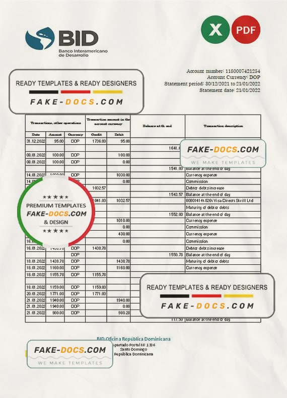 Dominican Republic Bid bank statement Excel and PDF template Dominican Republic Bid bank statement Excel and PDF template