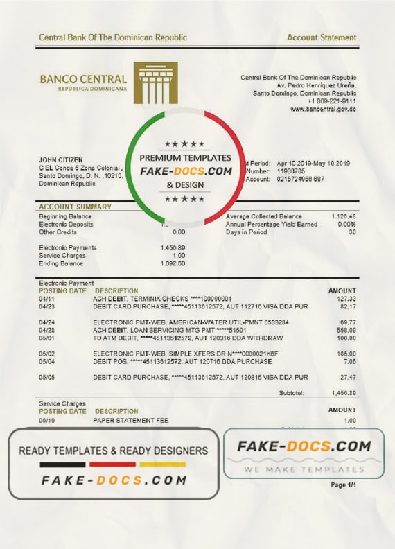 Dominican Republic Central Bank of The Dominican Republic proof of address bank statement template in Word and PDF format Dominican Republic Central Bank of The Dominican Republic proof of address bank statement template in Word and PDF format