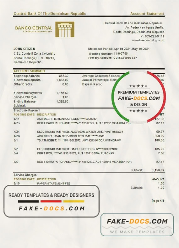 Dominican Republic Central Bank Of The Dominican Republic bank statement easy to fill template in Excel and PDF format Dominican Republic Central Bank Of The Dominican Republic bank statement easy to fill template in Excel and PDF format