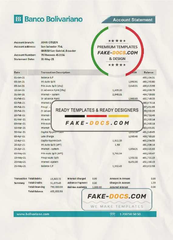 Ecuador Banco Bolivariano bank statement easy to fill template in .xls and .pdf file format Ecuador Banco Bolivariano bank statement easy to fill template in .xls and .pdf file format