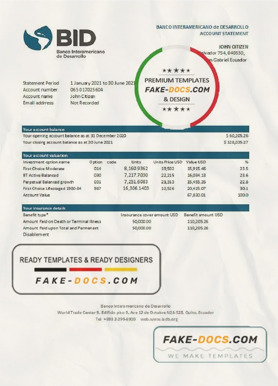 Ecuador Banco Interamericano de Desarrollo BID bank statement easy to fill template in .xls and .pdf file format Ecuador Banco Interamericano de Desarrollo BID bank statement easy to fill template in .xls and .pdf file format