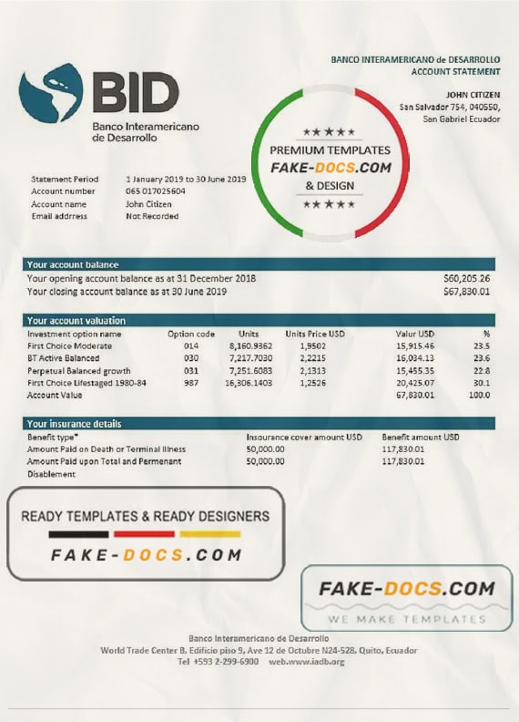 Ecuador Banco Interamericano de Desarrollo (BID) bank statement template in Word and PDF format, good for address prove Ecuador Banco Interamericano de Desarrollo (BID) bank statement template in Word and PDF format, good for address prove