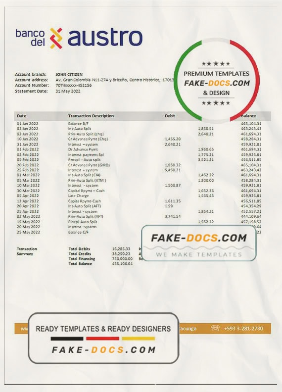 Ecuador Banco del Austro proof of address bank statement template in Word and PDF format Ecuador Banco del Austro proof of address bank statement template in Word and PDF format