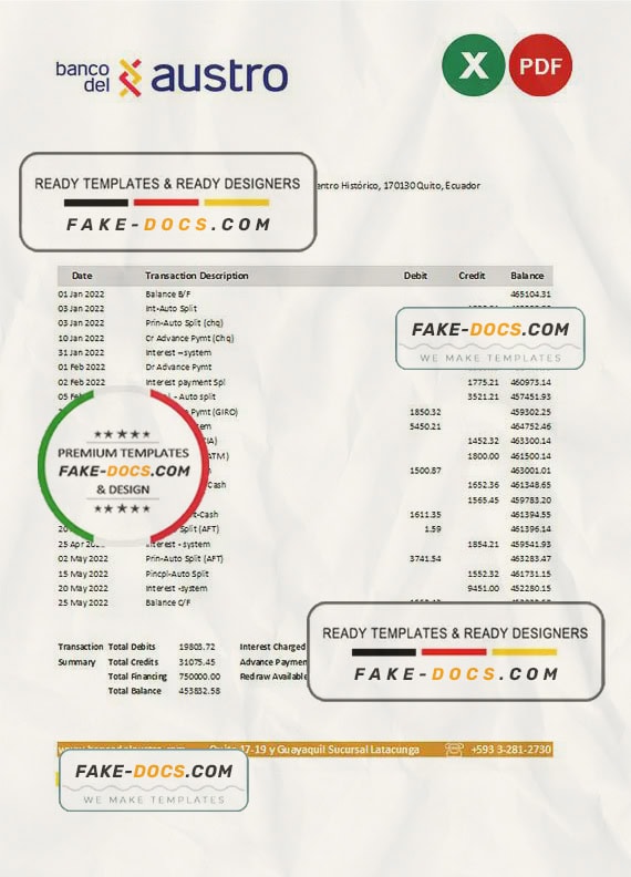 Ecuador Banco del Austro bank statement Excel and PDF template Ecuador Banco del Austro bank statement Excel and PDF template
