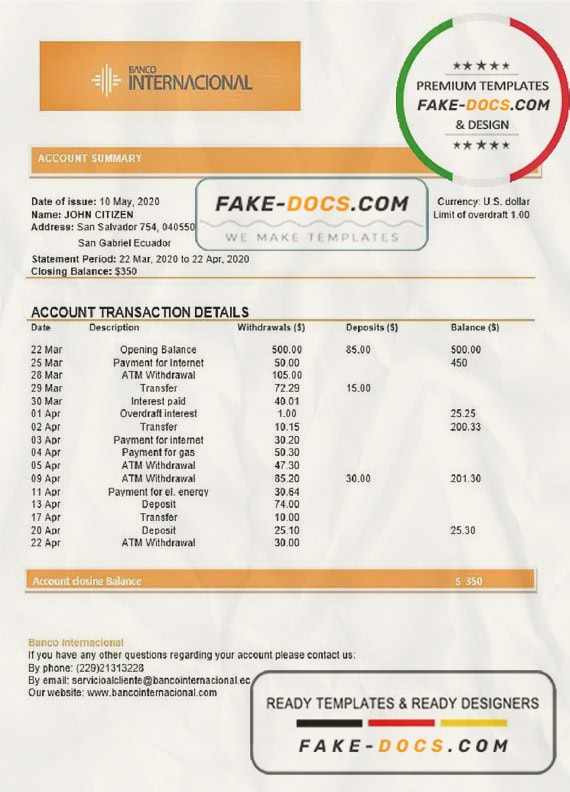 Ecuador Banco Internacional bank statement template in Word and PDF format Ecuador Banco Internacional bank statement template in Word and PDF format