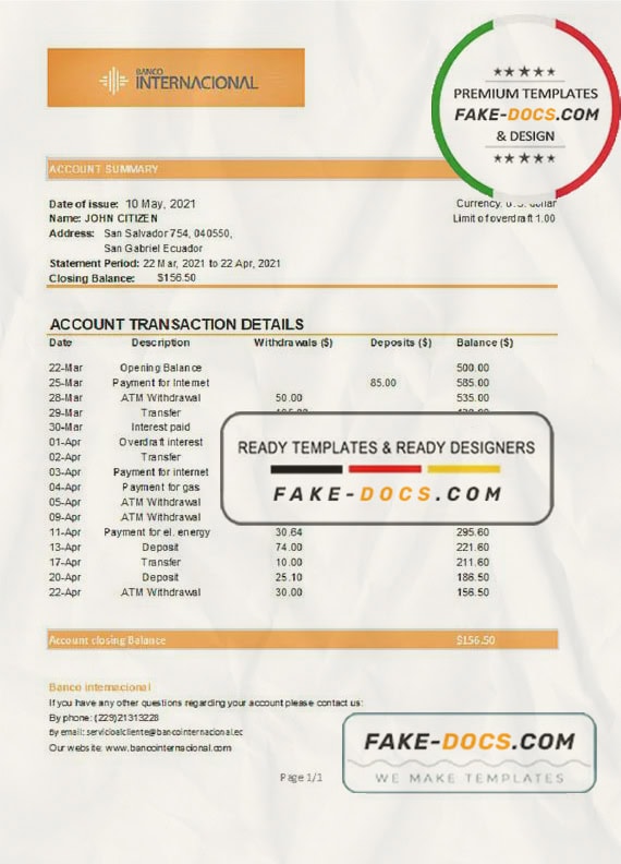 Ecuador Banco Internacional bank statement easy to fill template in Excel and PDF format Ecuador Banco Internacional bank statement easy to fill template in Excel and PDF format
