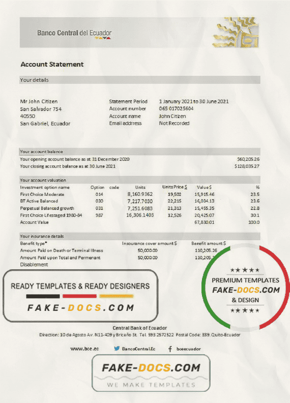 Ecuador Central Bank of Ecuador bank statement easy to fill template in Excel and PDF format Ecuador Central Bank of Ecuador bank statement easy to fill template in Excel and PDF format