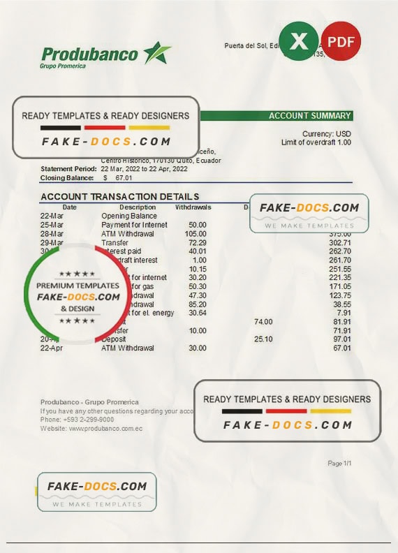 Ecuador Produbanco bank statement Excel and PDF template Ecuador Produbanco bank statement Excel and PDF template