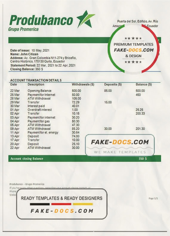 Ecuador Produbanco proof of address bank statement template in Word and PDF format Ecuador Produbanco proof of address bank statement template in Word and PDF format