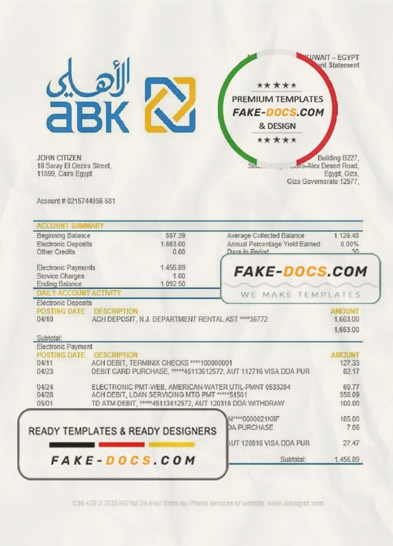 Egypt Al Ahli Bank of Kuwait bank statement easy to fill template in Word and PDF format Egypt Al Ahli Bank of Kuwait bank statement easy to fill template in Word and PDF format