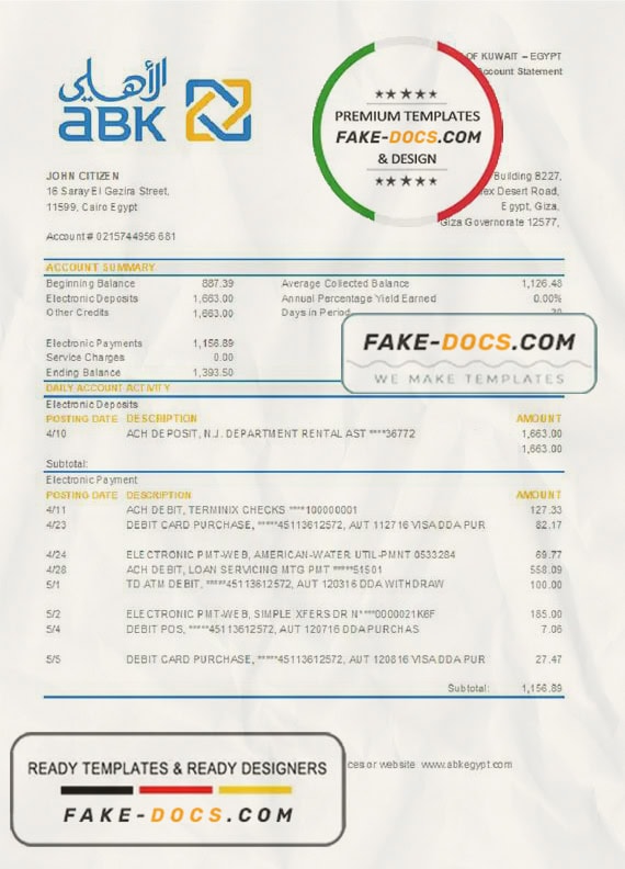 Egypt Al Ahli Bank of Kuwait bank statement easy to fill template in Excel and PDF format Egypt Al Ahli Bank of Kuwait bank statement easy to fill template in Excel and PDF format