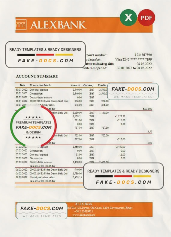 Egypt Alex bank statement Excel and PDF template Egypt Alex bank statement Excel and PDF template