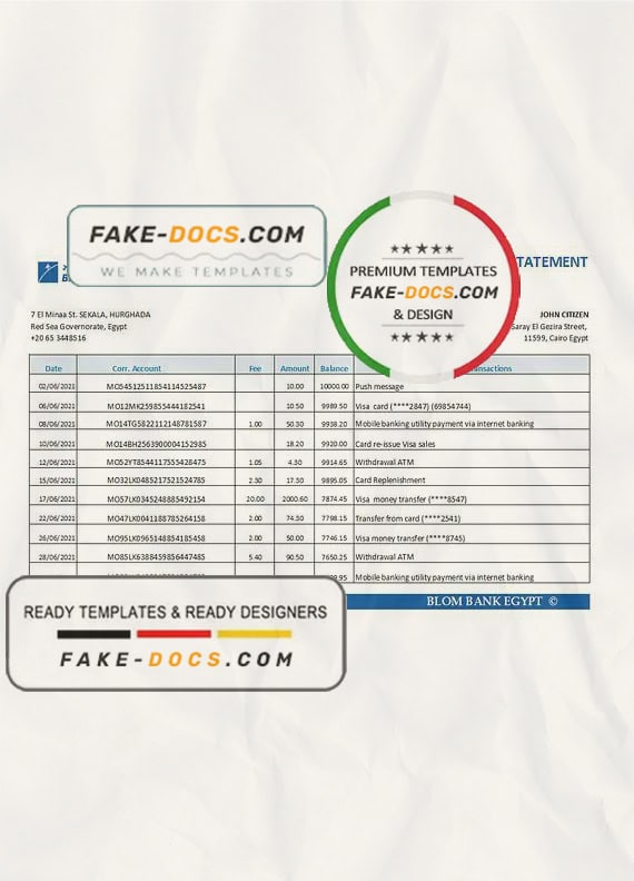 Egypt Blom Bank of Egypt bank statement easy to fill template in Excel and PDF format Egypt Blom Bank of Egypt bank statement easy to fill template in Excel and PDF format