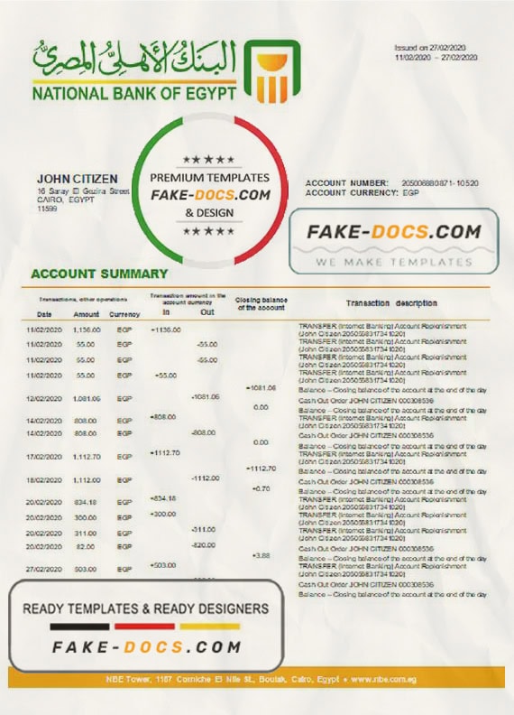Egypt National Bank of Egypt proof of address bank statement template in Word and PDF format (.doc and .pdf) Egypt National Bank of Egypt proof of address bank statement template in Word and PDF format (.doc and .pdf)