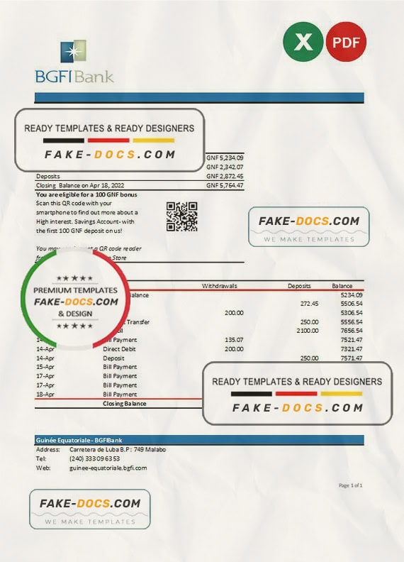 Equatorial Guinea BGFI Bank Statement Excel and PDF template Equatorial Guinea BGFI Bank Statement Excel and PDF template