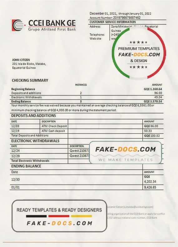 Equatorial Guinea CCEI bank proof of address statement template in Word and PDF format Equatorial Guinea CCEI bank proof of address statement template in Word and PDF format