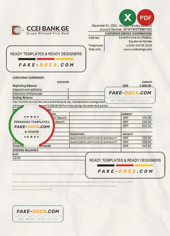 Equatorial Guinea CCEI Bank statement Excel and PDF template Equatorial Guinea CCEI Bank statement Excel and PDF template
