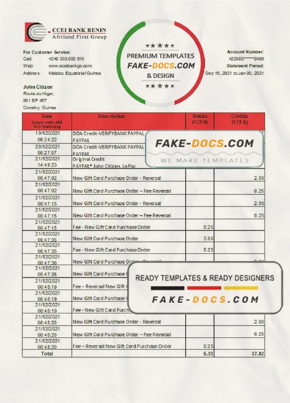 Equatorial Guinea CCEI Bank Benin bank statement easy to fill template in .xls and .pdf file format Equatorial Guinea CCEI Bank Benin bank statement easy to fill template in .xls and .pdf file format