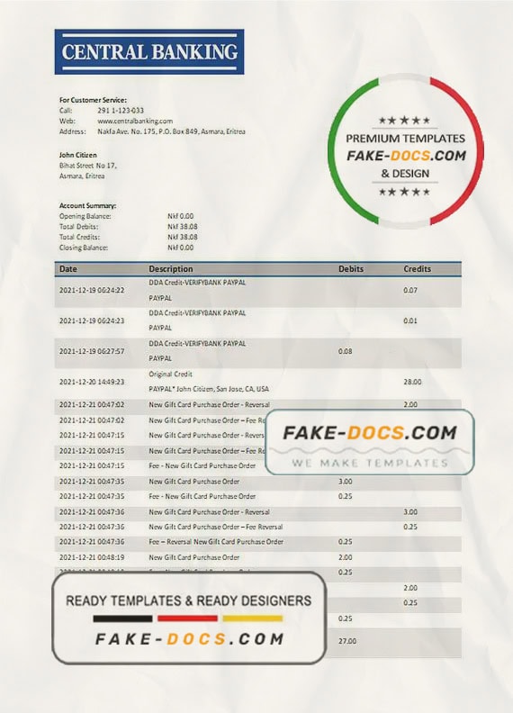 Eritrea Central bank statement template in Word and PDF format Eritrea Central bank statement template in Word and PDF format