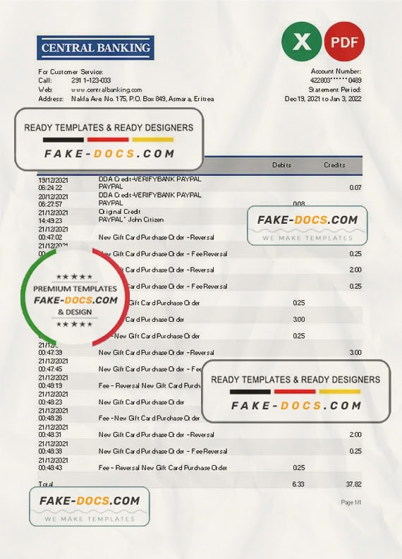Eritrea Central bank statement Excel and PDF template Eritrea Central bank statement Excel and PDF template
