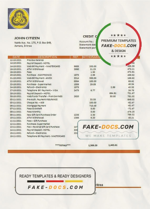 Eritrea Housing and Commerce bank statement template in Word and PDF format Eritrea Housing and Commerce bank statement template in Word and PDF format