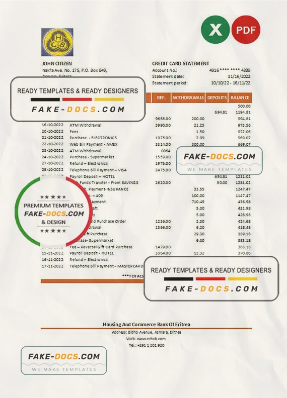 Eritrea Housing and Commerce bank statement Excel and PDF template Eritrea Housing and Commerce bank statement Excel and PDF template