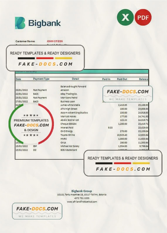 Estonia Bigbank bank statement Excel and PDF template Estonia Bigbank bank statement Excel and PDF template