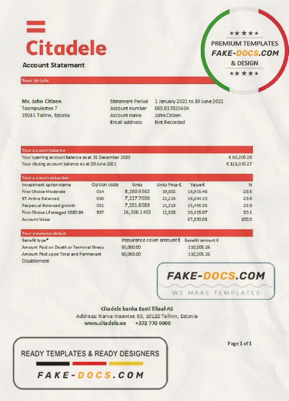 Estonia Citadele banka Eesti filiaal AS proof of address statement template in Word and PDF format, .doc and .pdf format Estonia Citadele banka Eesti filiaal AS proof of address statement template in Word and PDF format, .doc and .pdf format