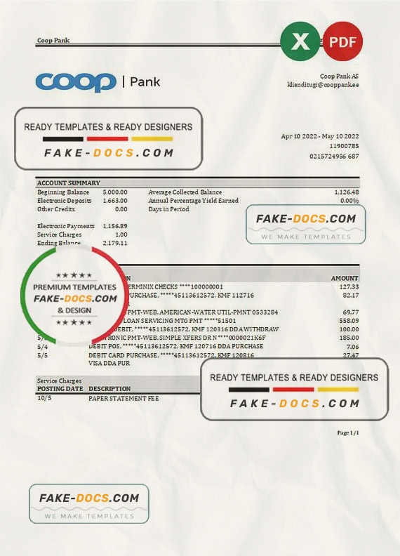 Estonia Coop Pank bank statement Excel and PDF template Estonia Coop Pank bank statement Excel and PDF template