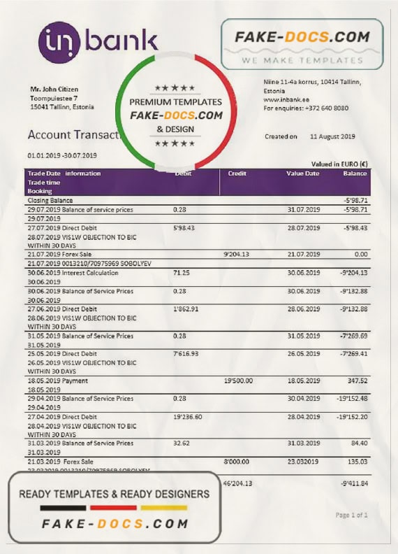 Estonia Inbank bank statement template, Word and PDF format (.doc and .pdf) Estonia Inbank bank statement template, Word and PDF format (.doc and .pdf)