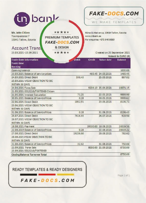Estonia Inbank bank statement easy to fill template in Excel and PDF format Estonia Inbank bank statement easy to fill template in Excel and PDF format