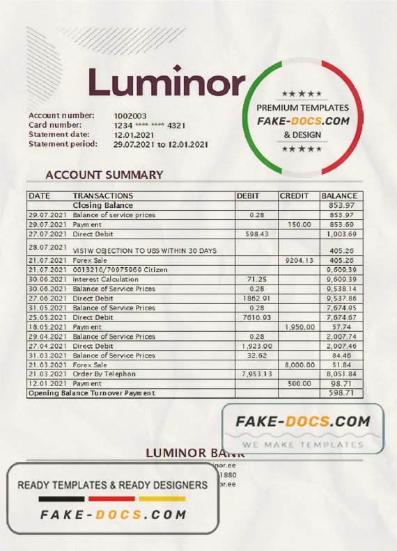 Estonia Luminor bank statement easy to fill template in .xls and .pdf file format Estonia Luminor bank statement easy to fill template in .xls and .pdf file format