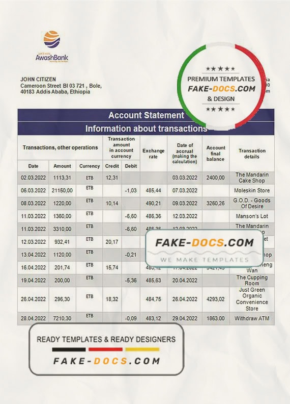 Ethiopia Awash proof of address bank statement template in Word and PDF format Ethiopia Awash proof of address bank statement template in Word and PDF format