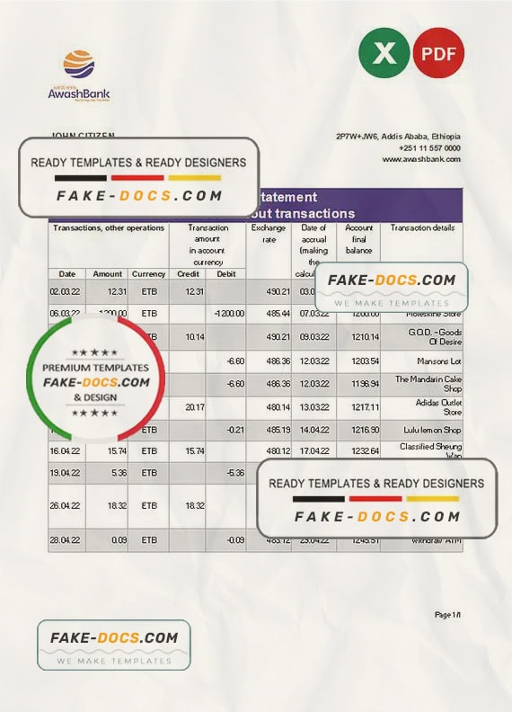 Ethiopia Awash Bank statement Excel and PDF template Ethiopia Awash Bank statement Excel and PDF template