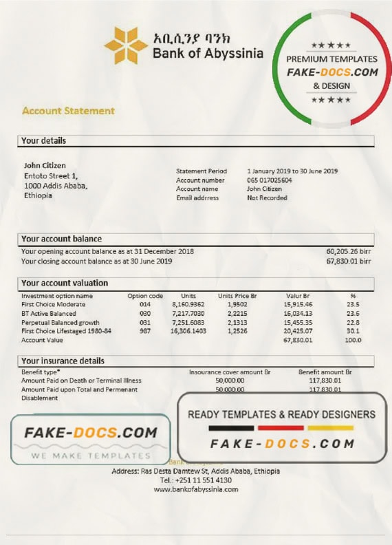 Ethiopia Bank of Abyssinia proof of address bank statement template in Word and PDF format Ethiopia Bank of Abyssinia proof of address bank statement template in Word and PDF format