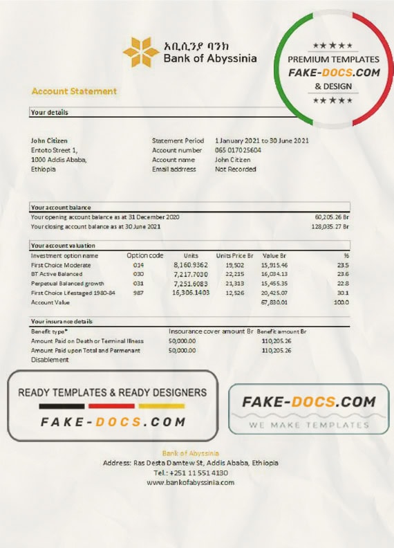 Ethiopia Bank of Abyssinia bank statement easy to fill template in .xls and .pdf file format Ethiopia Bank of Abyssinia bank statement easy to fill template in .xls and .pdf file format