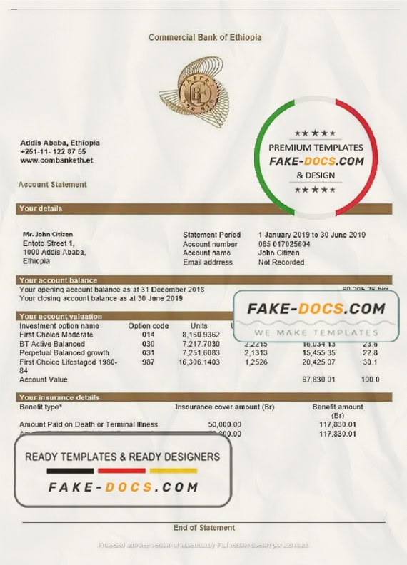 Ethiopia Commercial Bank of Ethiopia bank statement template in Word and PDF format, good for address prove Ethiopia Commercial Bank of Ethiopia bank statement template in Word and PDF format, good for address prove