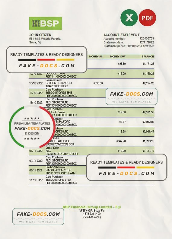Fiji Bank of South Pacific bank statement Excel and PDF template Fiji Bank of South Pacific bank statement Excel and PDF template