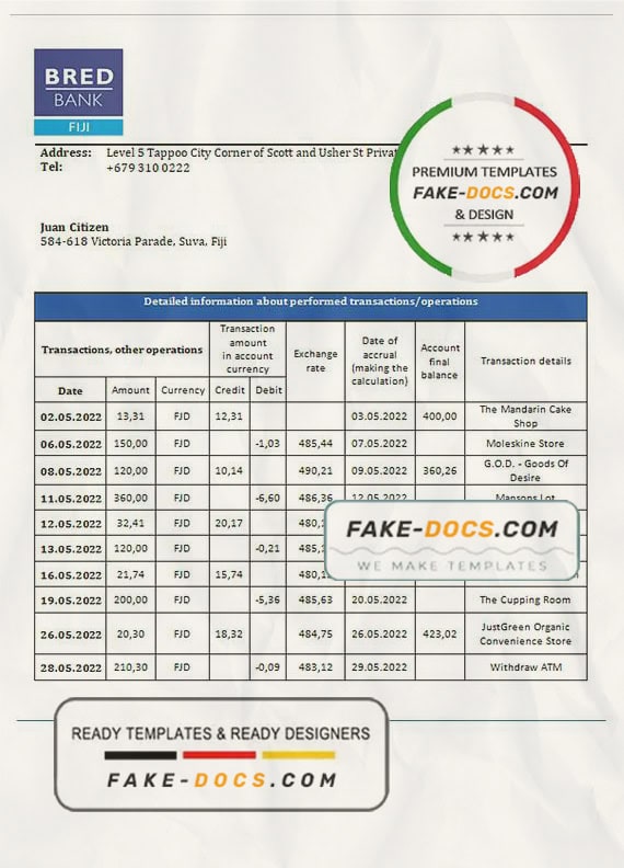 Fiji Bred bank statement template in Word and PDF format Fiji Bred bank statement template in Word and PDF format