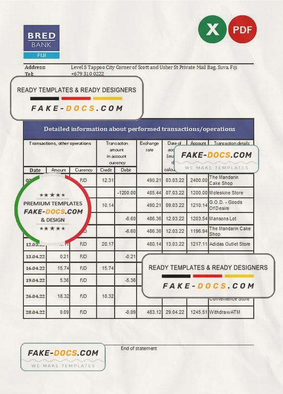 Fiji Bred bank statement Excel and PDF template Fiji Bred bank statement Excel and PDF template