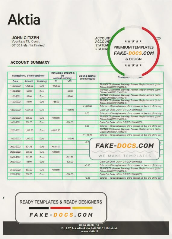 Finland Aktia Bank statement template in Word and PDF format Finland Aktia Bank statement template in Word and PDF format