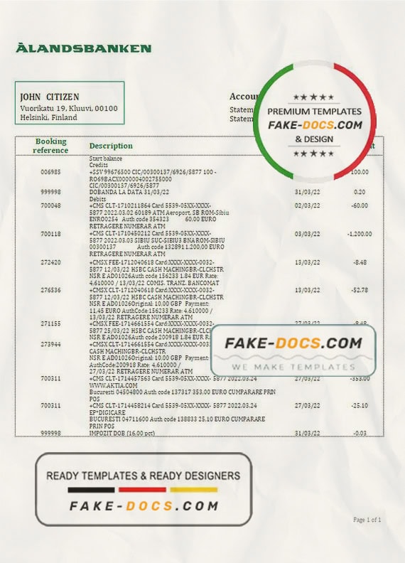 Finland Aland Bank statement template in Word and PDF format Finland Aland Bank statement template in Word and PDF format