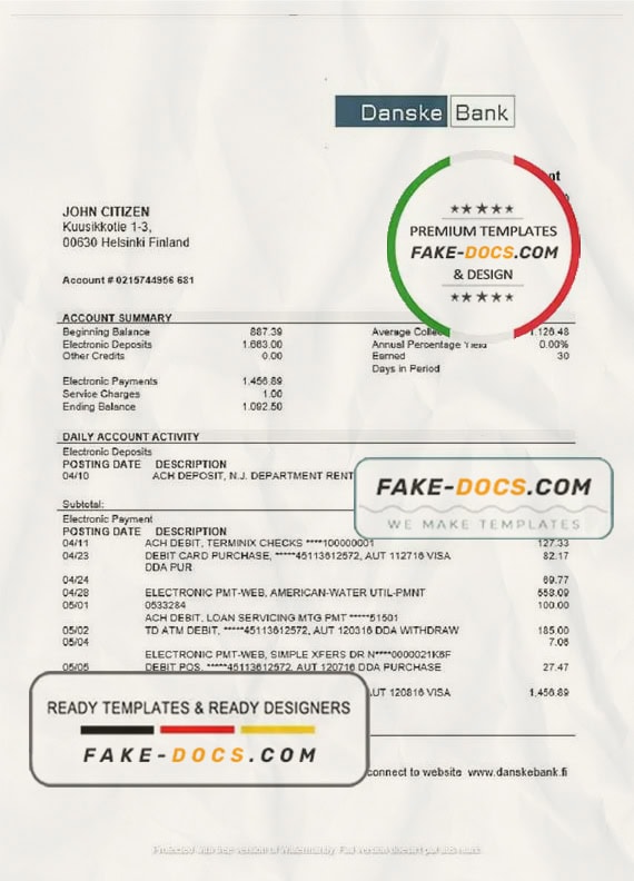 Finland Danske Bank statement template in Word and PDF format Finland Danske Bank statement template in Word and PDF format