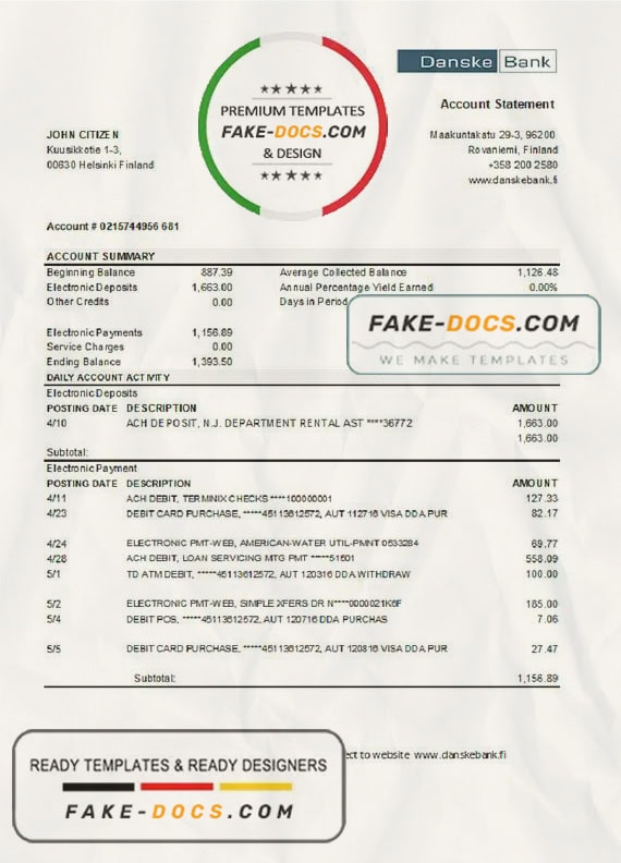 Finland Danske bank statement easy to fill template in .xls and .pdf file format Finland Danske bank statement easy to fill template in .xls and .pdf file format