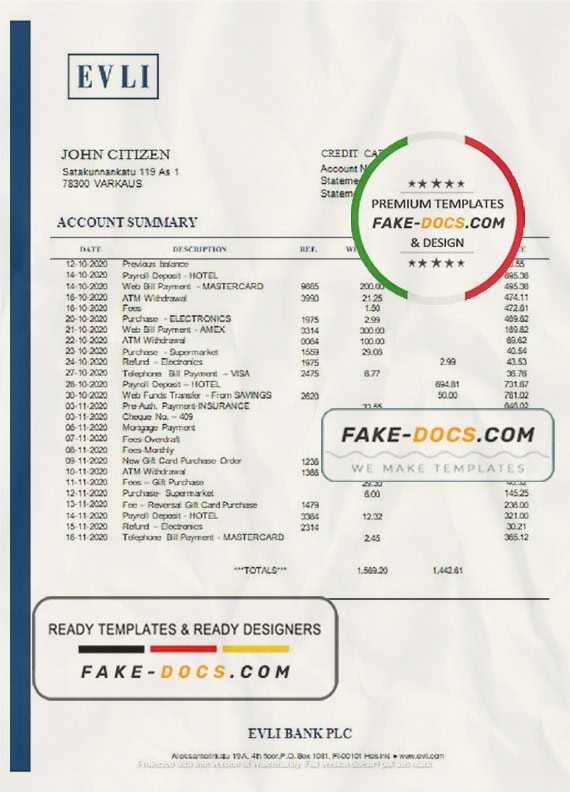 Finland Evli Bank PLC Bank statement template in Word and PDF format Finland Evli Bank PLC Bank statement template in Word and PDF format