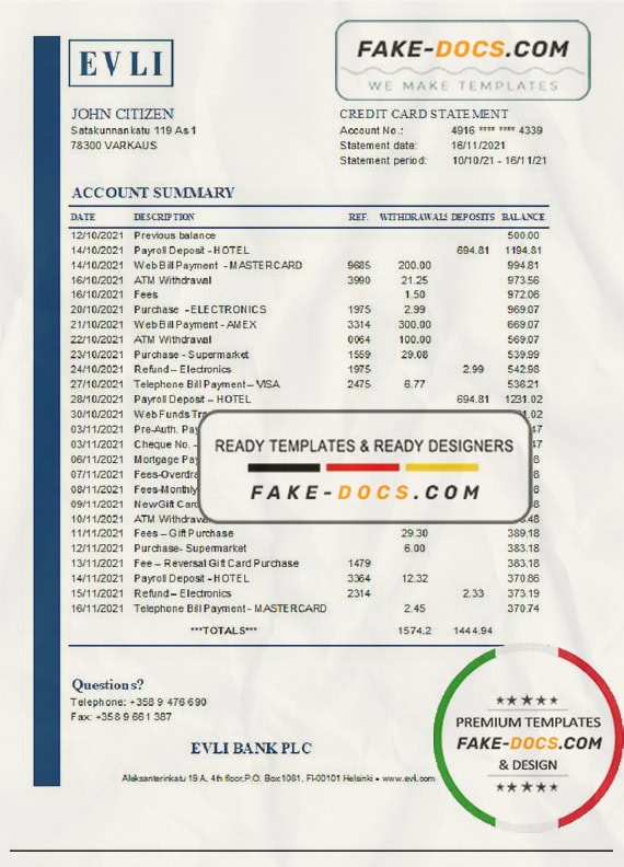Finland Evli Bank PLC bank statement easy to fill template in Excel and PDF format Finland Evli Bank PLC bank statement easy to fill template in Excel and PDF format