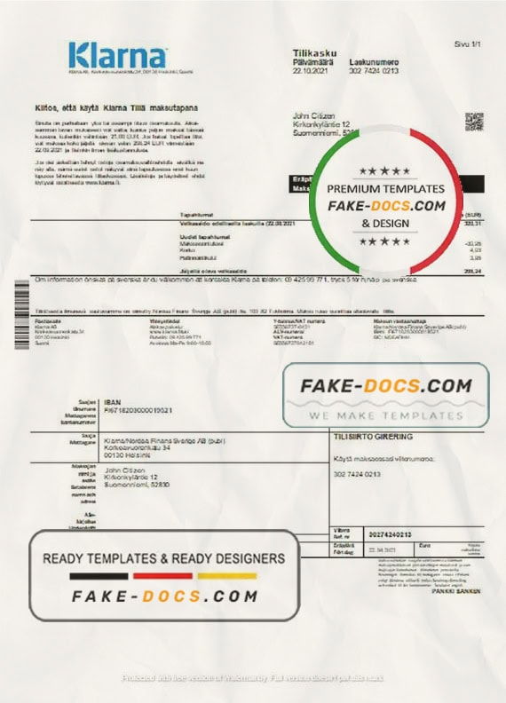 Finland Klarna Bank statement template in Word and PDF format, in Finnish language Finland Klarna Bank statement template in Word and PDF format, in Finnish language